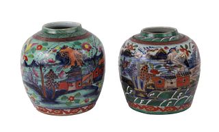 Two Chinese Clobbered Porcelain Ginger Jars
