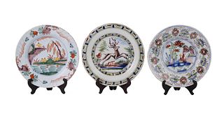 Three Delftware Polychrome Pottery Plates