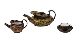 Four Yellow Transfer Printed Brown Ware Tea Items