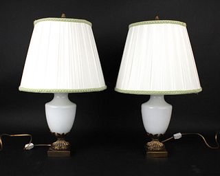 Pair of White Glass & Metal Vasiform Table Lamps