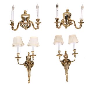 Two Pair of Brass Two-Light Wall Sconces