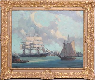 Gordon Hope Grant, Oil on Board, Ships in Harbor