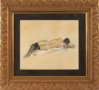 Attrib. Egon Schiele, Mixed Media, Reclining Nude