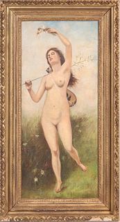 Oil on Canvas, Nude Woman with Lute and Flowers