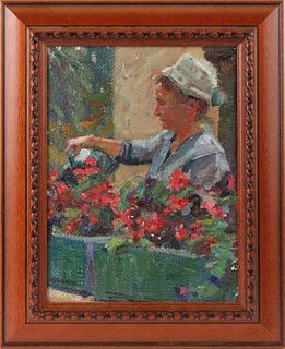 Otto Antoine, Oil on Board Woman Watering Flowers