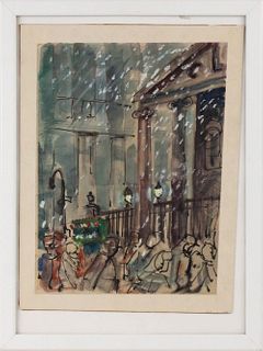 Watercolor, Wall Street and Broad Street in Snow