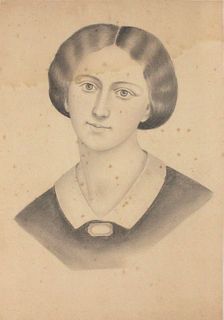 Large Victorian Pencil Drawing of a Young Woman