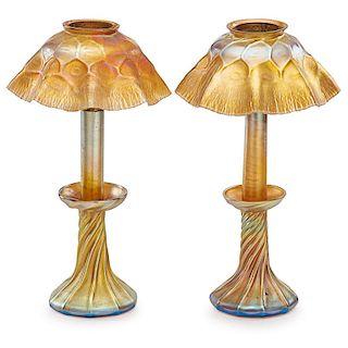TIFFANY STUDIOS Two Favrile glass candlelamps