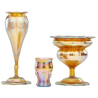 TIFFANY STUDIOS Three Favrile glass vases