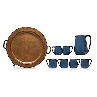 MARBLEHEAD; GUSTAV STICKLEY Pitcher and mugs, tray