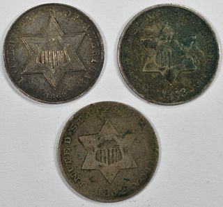 (2) 1852 & (1) 1862 3-CENT SILVER