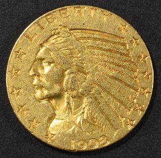 1908 $5 INDIAN GOLD XF/AU