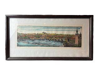 Prague Etching Hand Colored Signed Painting