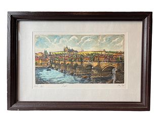 Prague Etching Hand Colored Signed Painting