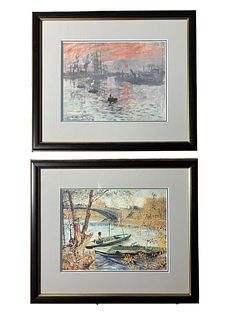 Two Framed Paintings, Fishing In Spring / Sunrise