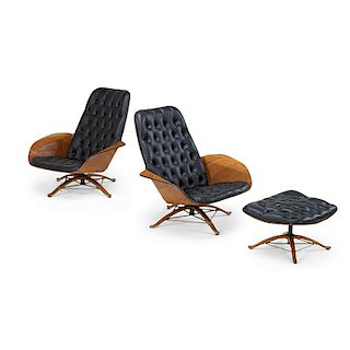 GEORGE MULHAUSER; PLYCRAFT Pair of chairs, ottoman