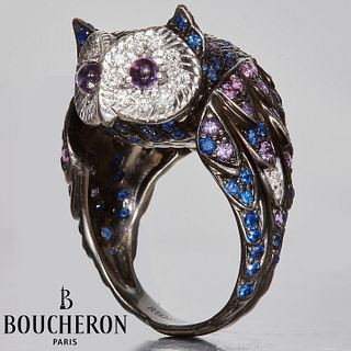BOUCHERON, DIAMOND, SAPPHIRE AND AMETHYST NOCTUA OWL RING