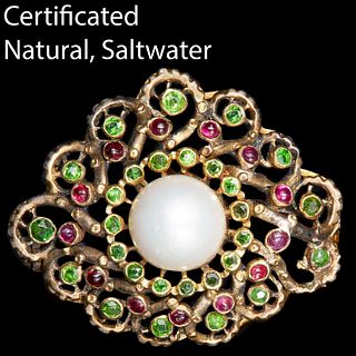 KARL ROTHMULLER (Attrib. to). CERTIFICATED NATURAL SALTWATER PEARL, RUBY AND PERIDOT BROOCH