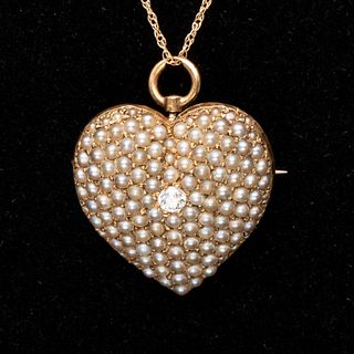 Victorian 14K Diamond and Seed Pearl Pin on Chain