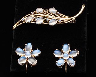 14k Gold, Sapphire and Moonstone Earrings & a Brooch