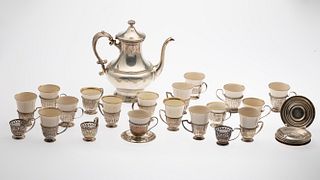 Sterling Coffee Pot, demitasse cups and saucers