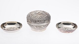 Burmese Silver Lidded Bowl and Two Dishes
