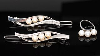 Pair of Sterling & Pearl Hair Clips & a Pearl Ring