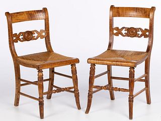 2 Late Federal Maple & Rush Seat Side Chairs, c 1840
