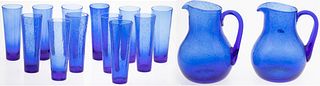 12 Biot Blue Bubble Glasses with Two Pitchers