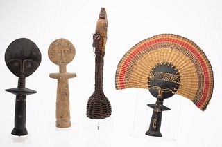 Three Carved Wood African Figures and a Woven Rattle