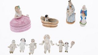 6 Ceramic Tiny Dolls, 2 Virgin Mary's & Figural Box