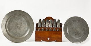 Pewter Spoons, Spoon Rack, and Two Pewter Plates