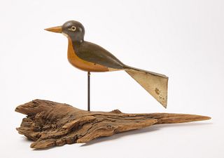 Folk Art Carved Robin with Tin Tail Directional