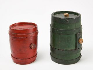 Two Painted Wood Barrel Kegs