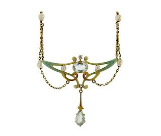 Art Nouveau Lavalier 14K Gold Diamond  Pearl Enamel Necklace