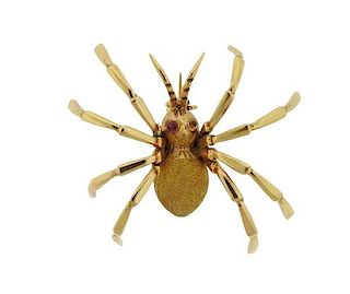 18K Gold Red Stone Spider Brooch Pin