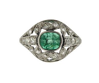 Art Deco Platinum Diamond Emerald Ring