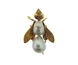 18K Gold Pearl Insect Brooch Pin