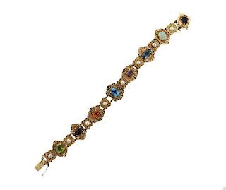 14k Gold Multicolor Gemstone Diamond Pearl Slide Bracelet