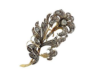 Antique 18K Gold Silver Diamond Flower Brooch Pin