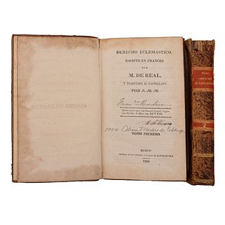 M. del Real. Derecho Eclesisastico. México: Impreso en la Oficina a cargo de Martín Rivera, 1826. Tomos I - II. Piezas: 2.