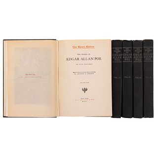 Poe, Edgar Allan. The Works of Edgar Allan Poe in Five Volumes - The Raven Edition.  New York, 1904. Tomos I -V. Pzs 5