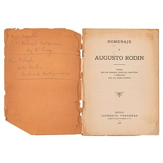 González Martinez, Enrique - Urueta, Jesús. Homenaje a Augusto Rodin. México: Imprenta Francesa, 1917. 8o. marquilla,...