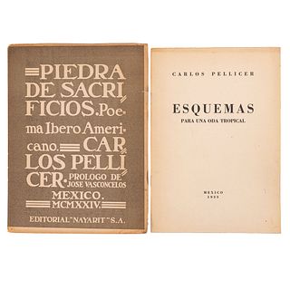 Pellicer, Carlos. Piedra de Sacrificios/ Esquemas para una Oda Tropical. México, 1924/ 1933. Firmados y dedicados por el autor. Pzas: 2