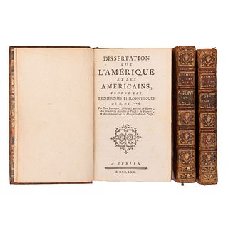 Pauw, Corneille de - Pernety, Dom. Recherches Philosophiques Sur les Americains. Londres / Berlin, 1770-1771. Tomos I - III. Piezas: 3.