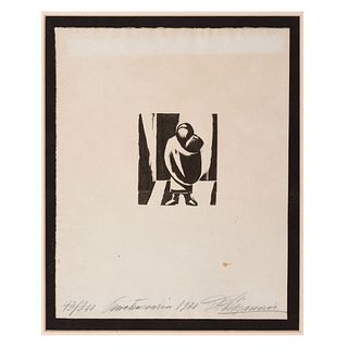 Siqueiros, David Alfaro. Penitenciaria. México, 1930. Grabado 9.5 x 8.2 cm.; hoja completa 30.5 x 24.5 cm. Firmado y numerado.