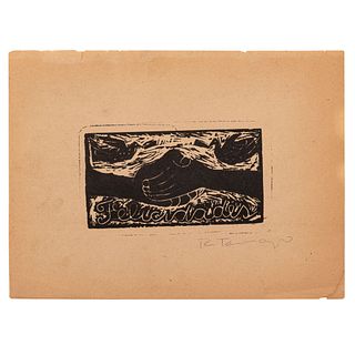 Tamayo, Rufino. Felicidades. México, ca. 1920. Xilografía, 6.3 x 10.6 cm.; hoja completa 14 x 18.7 cm. Firmada a lápiz.