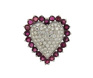 14k Gold Diamond Ruby Heart Pendant Brooch