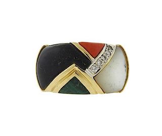 Native American Gold Diamond Onyx Coral MOP Ring