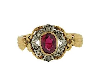 Antique 18K Gold Diamond Ruby Ring